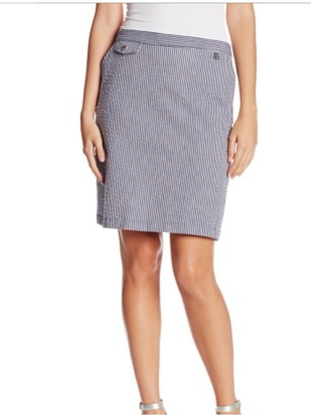 Striped Seersucker Navy Pencil Skirt - Classic Women's Workwear